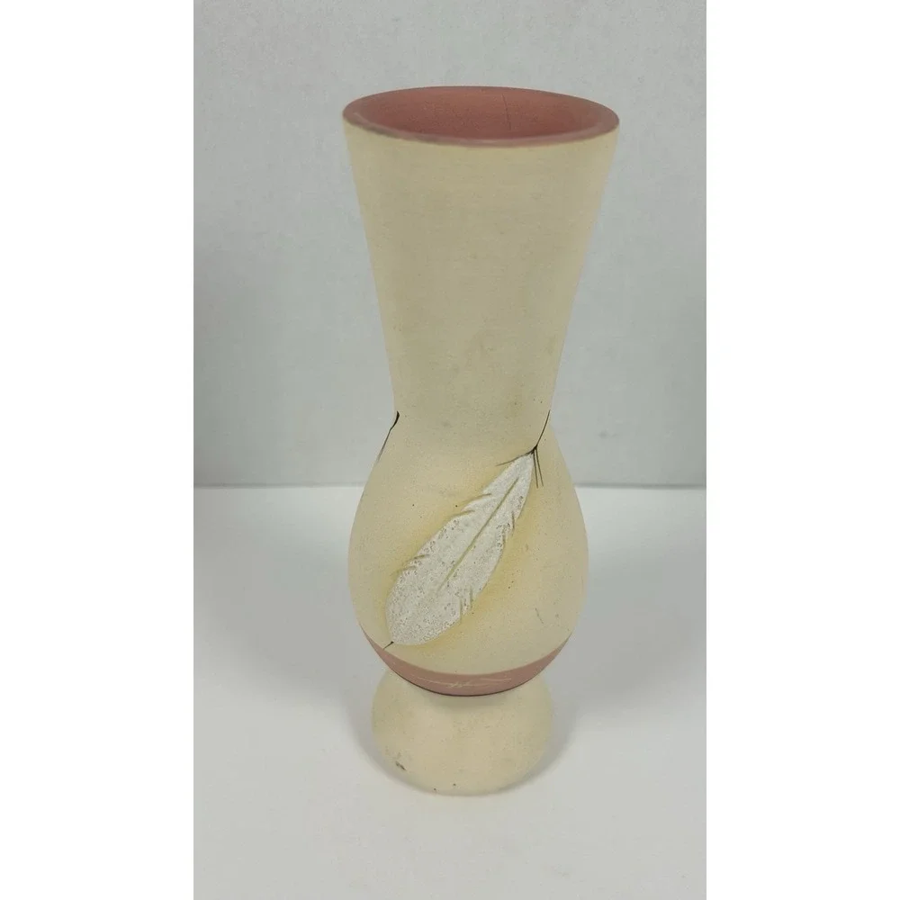 Pueblo Style Pottery Signed Bud Vase Feathers 7.5